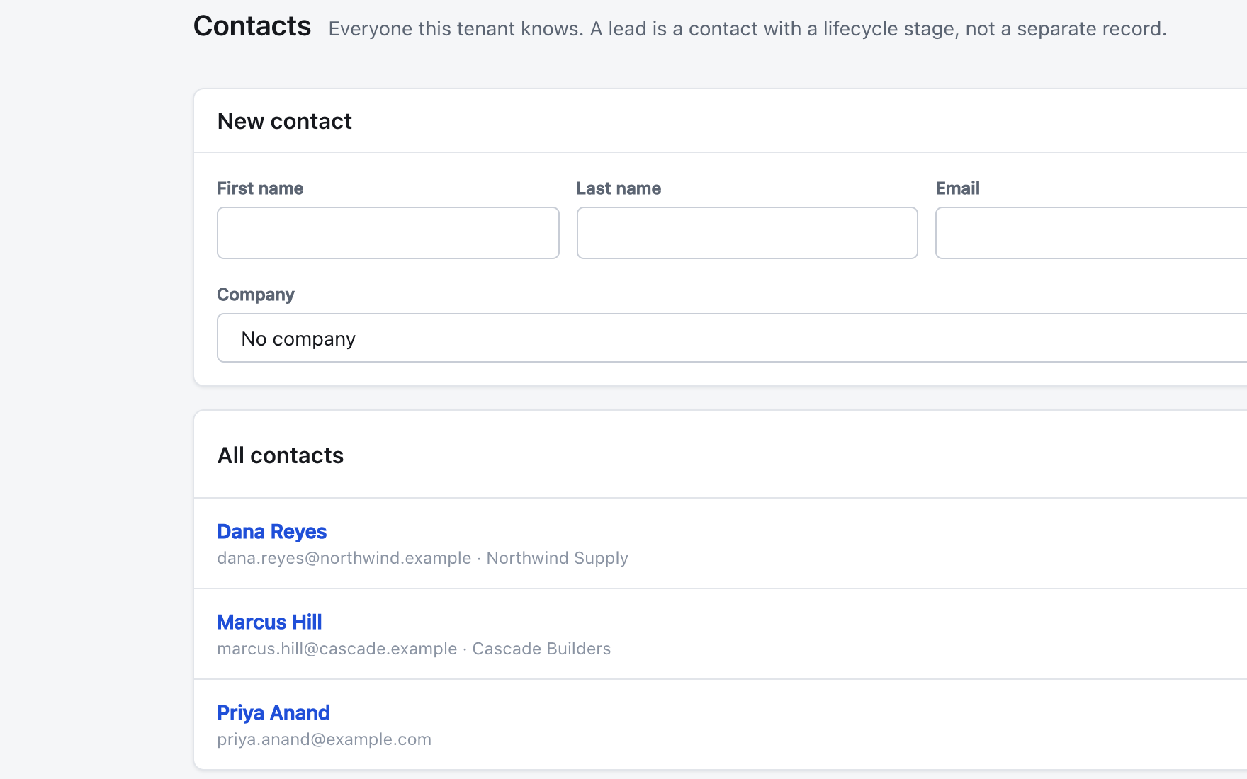 The contacts list with a new-contact form above it.